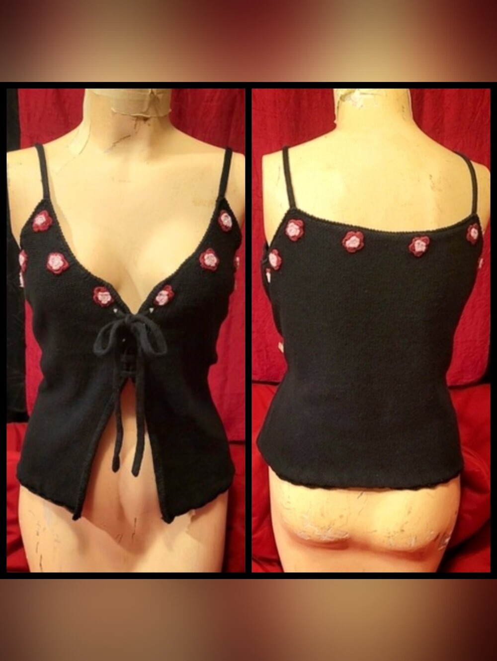 Vtg Y2K Newport blk pink flowers open mid driff lace up crochet top L/XL NWOT
